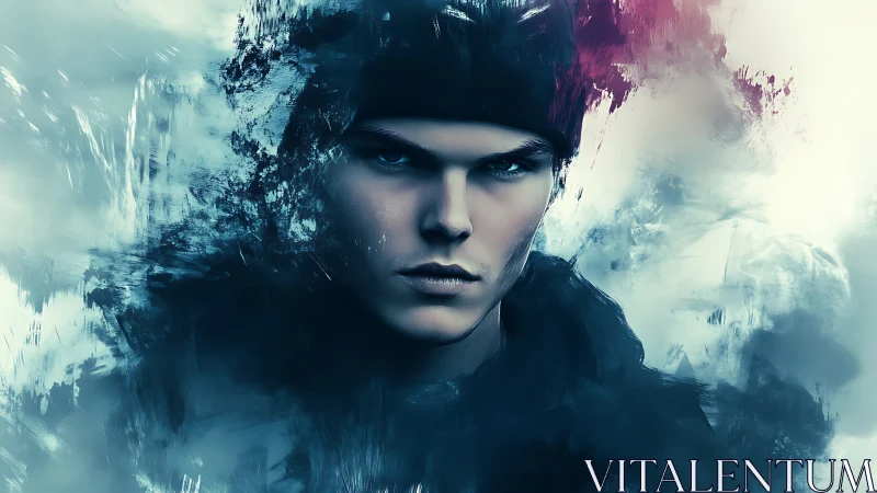 Brooding digital portrait of man in cold abstract haze.