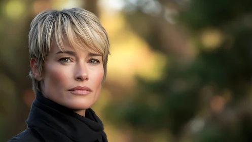 Confident woman with short blonde hair in natural outdoor portrait.