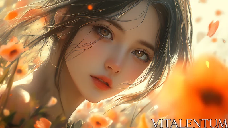 Digital portrait shows stylized woman amid orange flowers