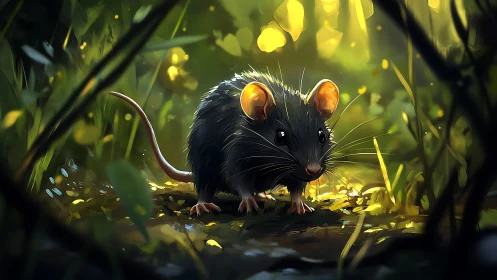 Small black forest mouse stands in dappled luminous foliage