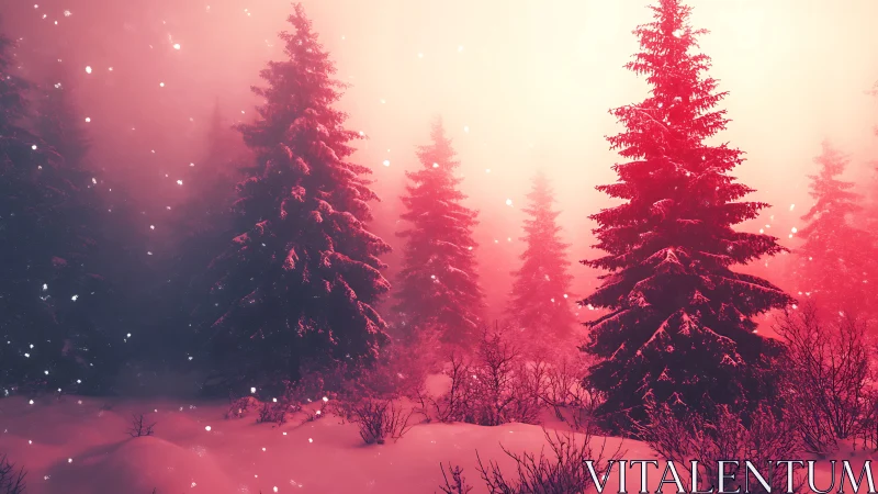 Soft pink winter forest glows gently in drifting snowfall