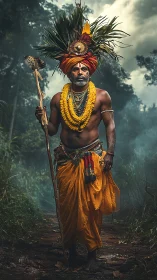 Forest mystic strides through mist with radiant saffron grace.