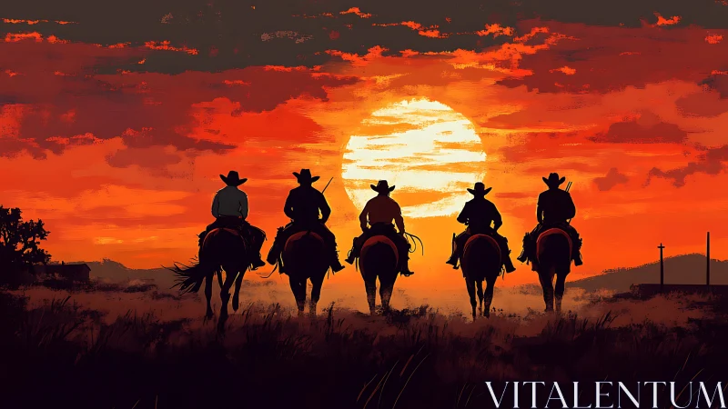 Silhouetted mounted riders move toward low sun on horizon