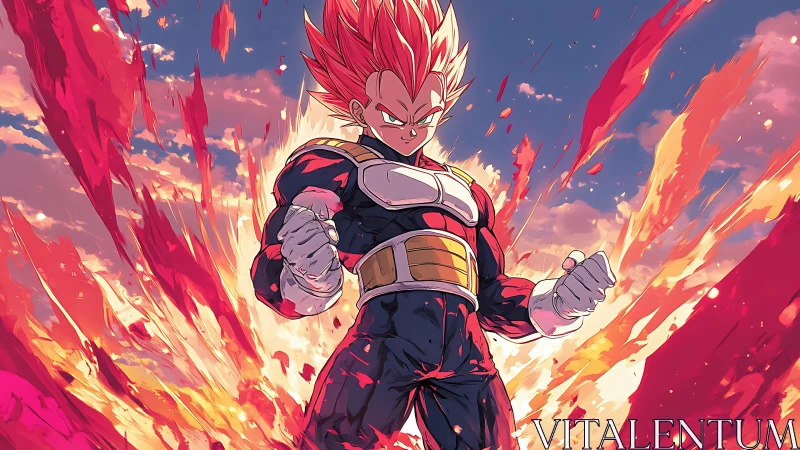 Saiyan warrior charges power amid explosive sky energy