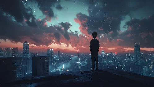 Silhouetted figure on rooftop over luminous dusk megacity