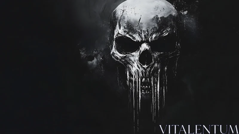Grim white skull emblem on black void background.