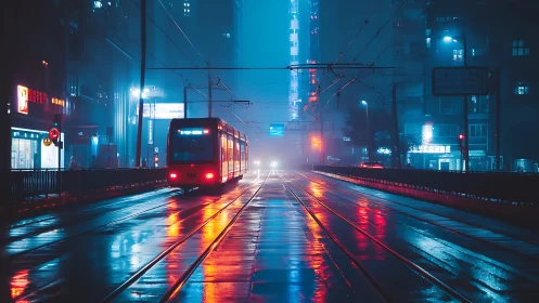 Neon tram crossing wet tracks in moody night cityscape.