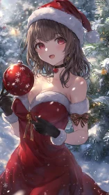 Snowlit anime girl in festive red dress holding ornament.