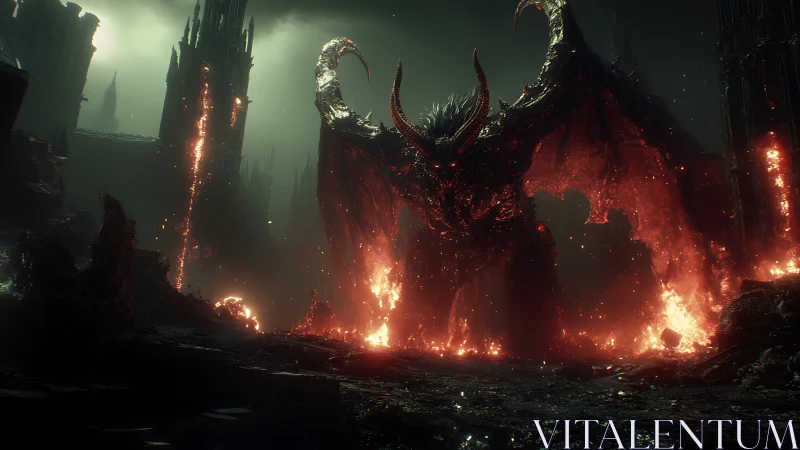 Infernal horned demon emerges amid burning gothic ruins.