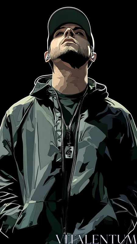 Stylized digital portrait of man in hooded streetwear.