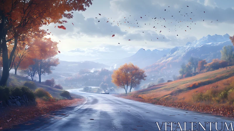 Mountain road curves through luminous autumn valley