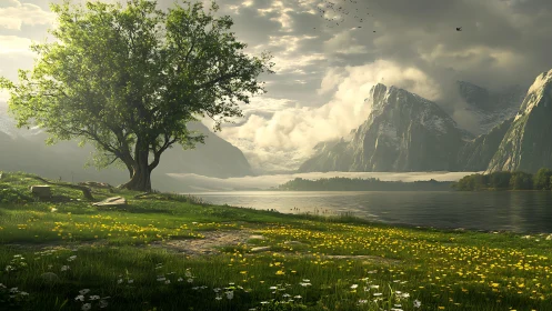 Lone lakeside tree under stormlit alpine cliffs. Period.