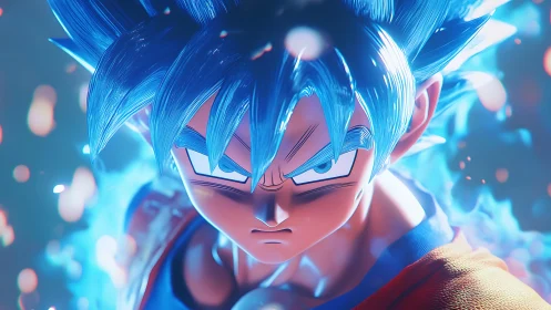 Blue-flamed anime warrior locked in unshakable focus.