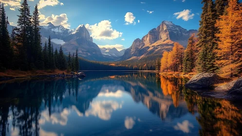 Mountain lake reflects autumn forest and distant peaks clearly