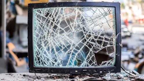 Shattered CRT television with webbed broken glass screen.