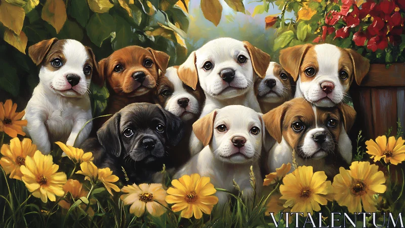 Puppy group portrait in flower garden with warm daylight
