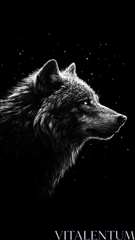 Lone wolf profile glows in dramatic monochrome night scene.