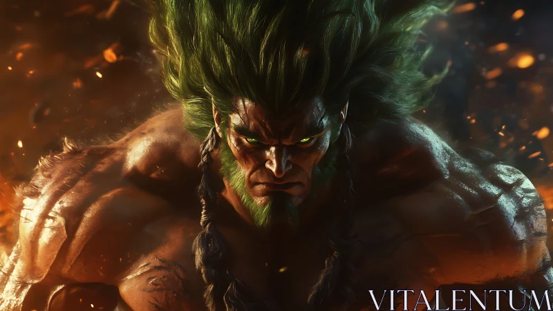 Savage green-haired warrior emerges from blazing embers.