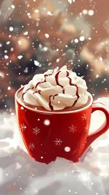 Holiday cocoa mug brims with whipped cream in gentle snowfall.
