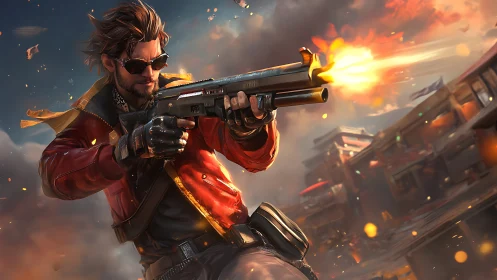 Gunman in red jacket fires shotgun across burning city street