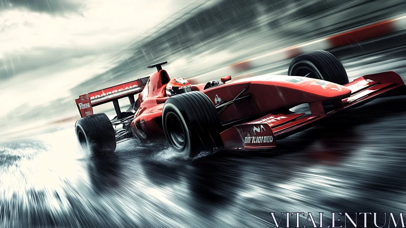 Red thunderstorm of speed slices through rain-slick asphalt