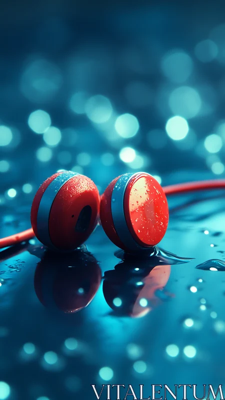Red wired earbuds with water droplets on reflective surface.
