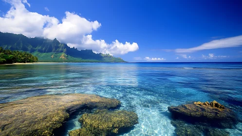 Coastal lagoon and emerald cliffs under vivid blue sky.