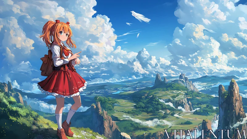 Curious schoolgirl gazes over a dreamy sunlit valley