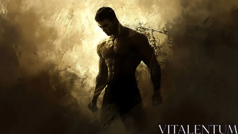Digital painting of heroic male silhouette in chiaroscuro field.