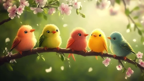 Five Colorful Cartoon Birds on Branch in Soft Spring Light.