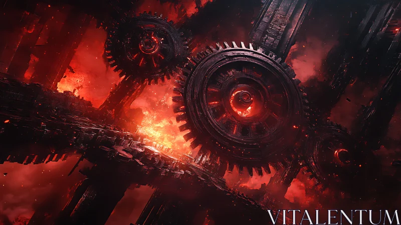 Massive burning gears in dark industrial inferno scene.