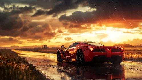 Red supercar on wet rural road under sunset sky.