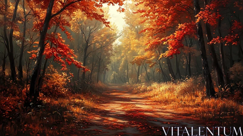 Atmospheric forest pathway rendered with volumetric lighting and saturated autumn foliage.