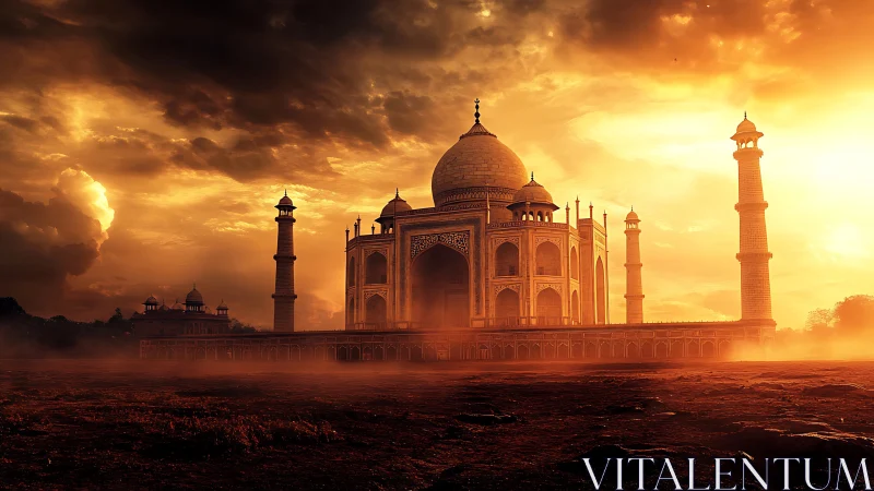 Sunlit domed monument stands amid dramatic orange clouds