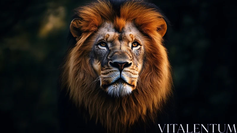 Male lion portrait with dark background and side lighting.