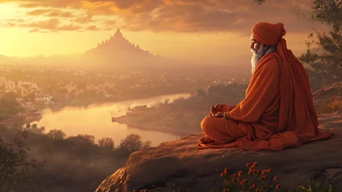 Digital painting of meditating sage above river valley at dusk.