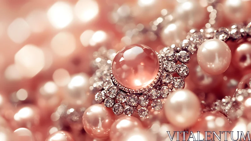 Blush gemstone brooch with pearls and glittering crystals.