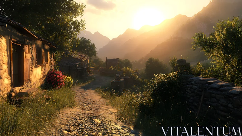Sunlit mountain village path with rustic stone cottages.