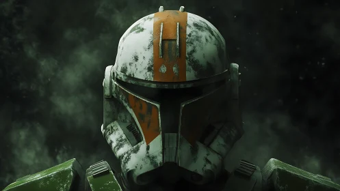 Weathered sci‑fi trooper helmet emerges from smoky shadows