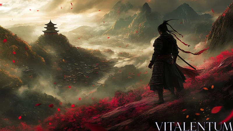 Samurai overlooks misty valley citadel in crimson dusk light.