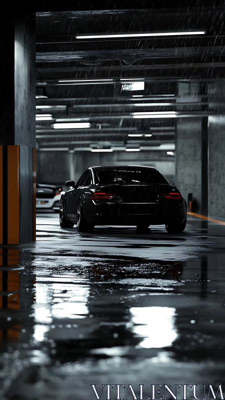 Black sedan in wet underground parking structure at night.