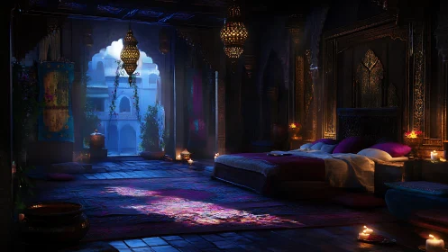 Interior view shows dim bedroom with archway to courtyard