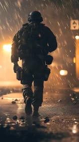 Lone tactical shadow strides through rain-soaked neon dusk
