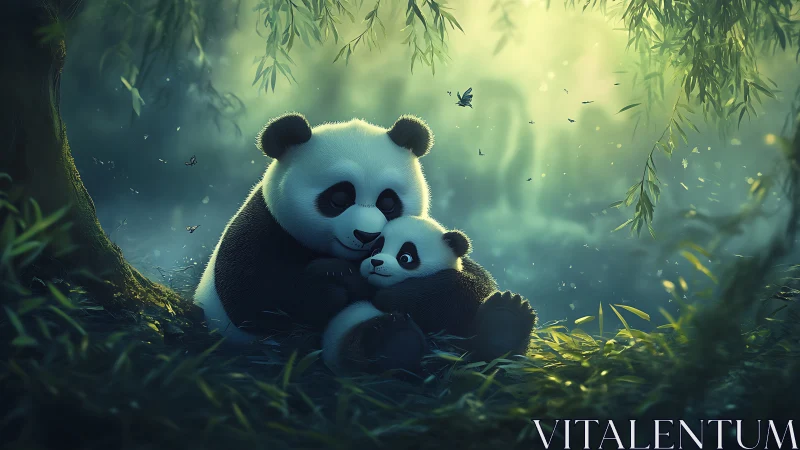 Cuddling panda mother and cub in misty backlit bamboo grove