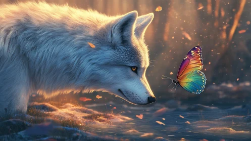 Moonlit wolf studies a rainbow butterfly in hushed wonder