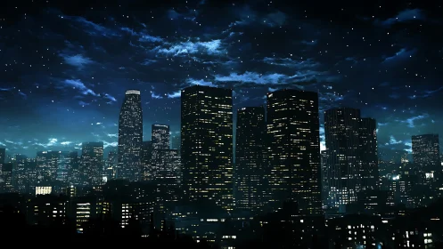 Nocturnal high-rise skyline glows under a star-laden sky