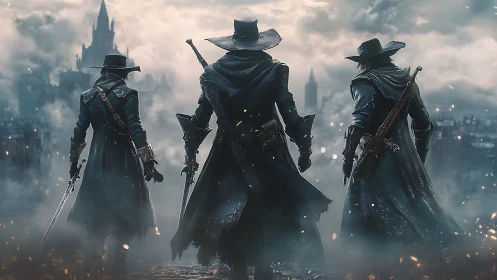 Dark fantasy hunters entering fog-choked gothic city.