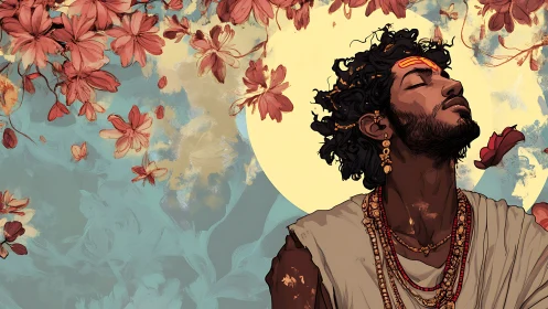 Serene dreamer beneath blooming petals and gentle moon.