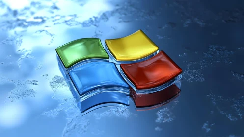 3D Windows Logo on Icy Blue Surface, Digital Art Rendering.