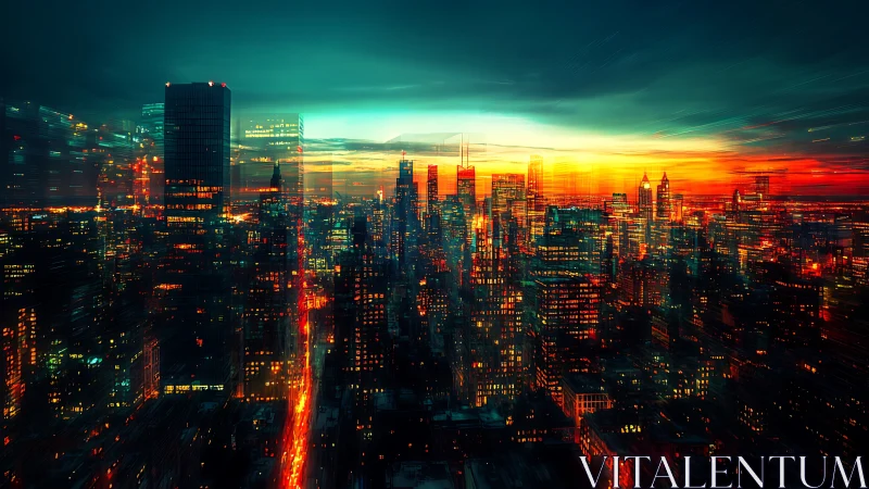 City skyline shows neon-lit buildings at fast dusk